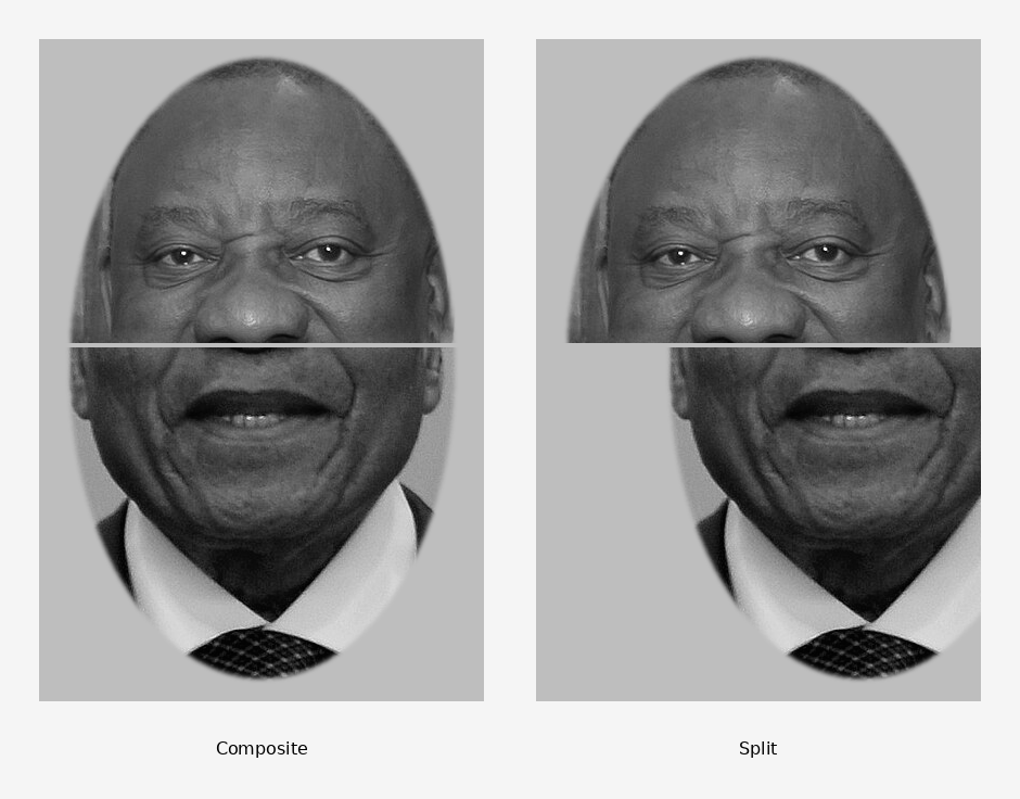 A split-half composite of two well-known South African State Presidents. Can you recognise them? Note how much more difficult this is from the composite image on the left
