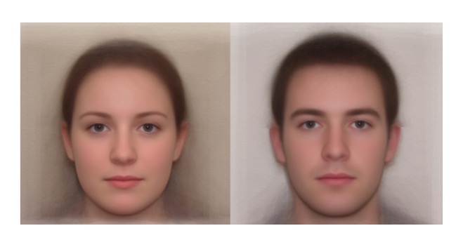 Prototype or “average” faces produced by morphing together multiple images: Irish female (left) and Irish male (right). The image is based on average-face work reported by Allen, Brady, and Tredoux (Allen et al., 2009). Averaged faces tend to appear attractive and typical, and lie near the centre of face space. Averaging across multiple photographs of the same person produces a more recognisable representation than any single photograph — transient features such as expression and lighting cancel out, leaving stable identity structure (Jenkins et al., 2011).