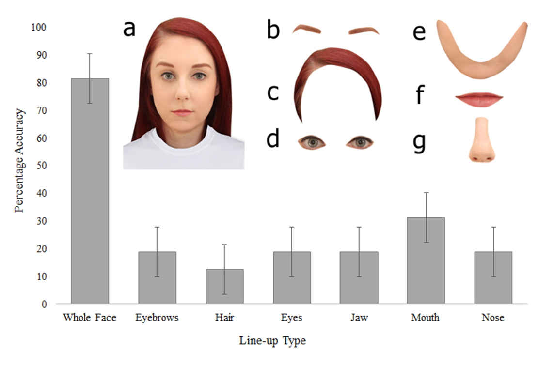 Kempen & Tredoux (unpublished). The whole face (a) was shown to participants, and then groups of participants tried to identify the face in a series of lineups, either containing whole faces (e.g., a), or excised features (b to g). The target or her individual features were shown alongside those of five other people. The face was very difficult if not impossible to recognise from excised features.