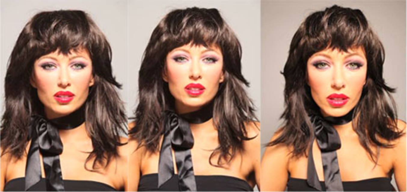 Three photographs of the same person from slightly different horizontal angles. Note how the apparent proportions of the face change across views: the nose, cheekbones, and inter-pupillary distance all differ, yet all three images show the same individual. Measured ratios would diverge across these images even though the face itself has not changed.